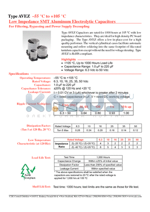 AVEZ475M25B12T-F datasheet - Low Impedance SMT Aluminum Electrolytic Capacitors
