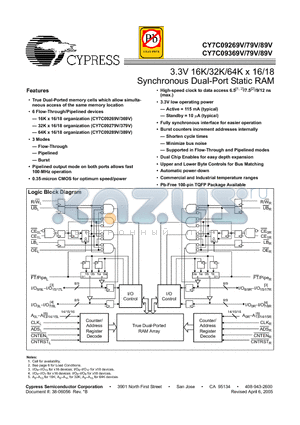 CY7C09369V-12AXC datasheet - 3.3V 16K/32K/64K x 16/18 Synchronous Dual-Port Static RAM