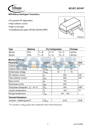 BCV47 datasheet - NPN Silicon Darlington Transistors