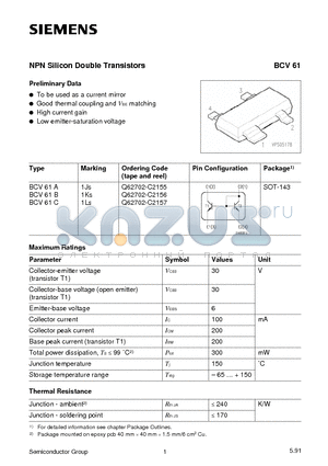 BCV61 datasheet - NPN Silicon Double Transistors (To be used as a current mirror Good thermal coupling and VBE matching)