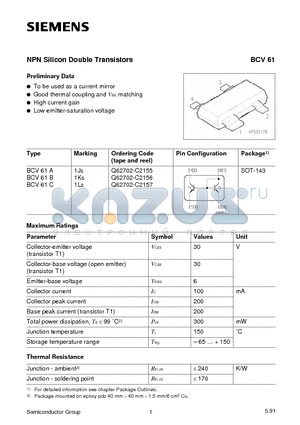 BCV61A datasheet - NPN Silicon Double Transistors (To be used as a current mirror Good thermal coupling and VBE matching)