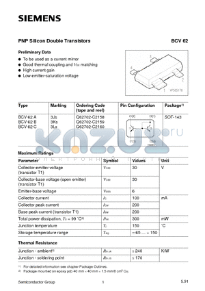 BCV62A datasheet - PNP Silicon Double Transistors (To be used as a current mirror Good thermal coupling and VBE matching)