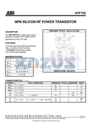 AVF150 datasheet - NPN SILICON RF POWER TRANSISTOR