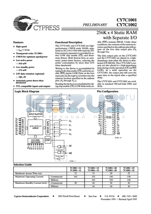 CY7C1002-20 datasheet - 256K x 4 Static RAM with Separate I/O