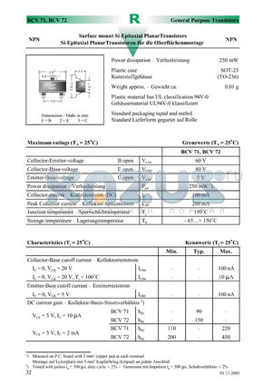 BCV72 datasheet - Surface mount Si-Epitaxial PlanarTransistors