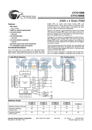 CY7C1006B-20VC datasheet - 256K x 4 Static RAM