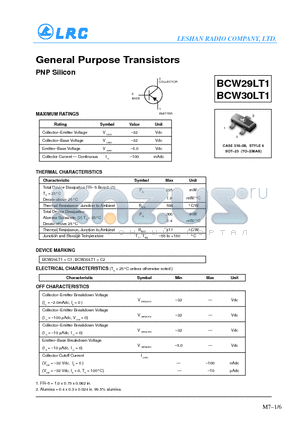 BCW29LT1 datasheet - General Purpose Transistors(PNP Silicon)