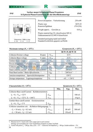 BCW30 datasheet - Surface mount Si-Epitaxial PlanarTransistors