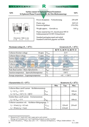 BCW31 datasheet - Surface mount Si-Epitaxial PlanarTransistors