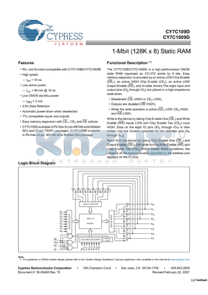 CY7C1009D-10VXI datasheet - 1-Mbit (128K x 8) Static RAM