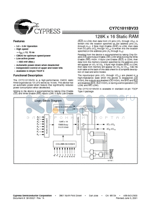 CY7C1011BV33-12ZC datasheet - 128K x 16 Static RAM