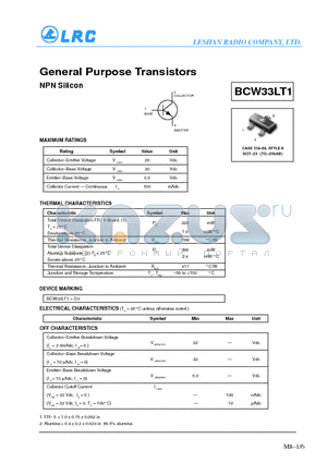 BCW33LT1 datasheet - General Purpose Transistors(NPN Silicon)