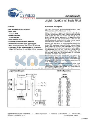 CY7C1011CV33-10ZXC datasheet - 2-Mbit (128K x 16) Static RAM