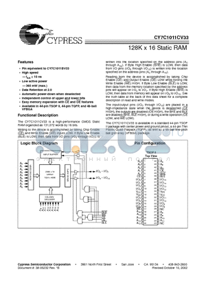 CY7C1011CV33-12AC datasheet - 128K x 16 Static RAM