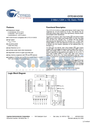 CY7C1011CV33-12BVI datasheet - 2-Mbit (128K x 16) Static RAM