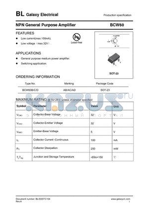 BCW60 datasheet - NPN General Purpose Amplifier