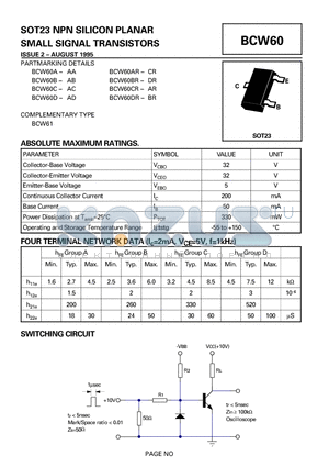 BCW60 datasheet - SOT23 NPN SILICON PLANAR SMALL SIGNAL TRANSISTORS