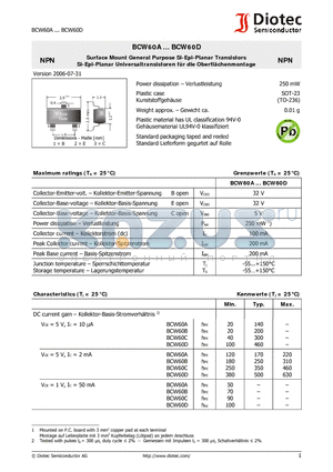 BCW60A datasheet - Surface Mount General Purpose Si-Epi-Planar Transistors