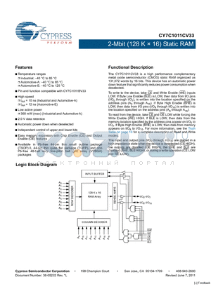CY7C1011CV33_11 datasheet - 2-Mbit (128 K  16) Static RAM 360 mW (max) (Industrial and Automotive-A)
