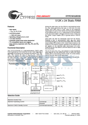 CY7C1012AV25-12BGC datasheet - 512K x 24 Static RAM