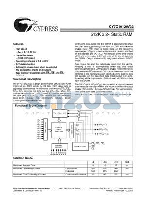 CY7C1012AV33-10BGC datasheet - 512K x 24 Static RAM