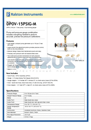 DP0V-15PSIG-M datasheet - DP0V (100 psi / 7 bar) pump, 15 psi analog gauge