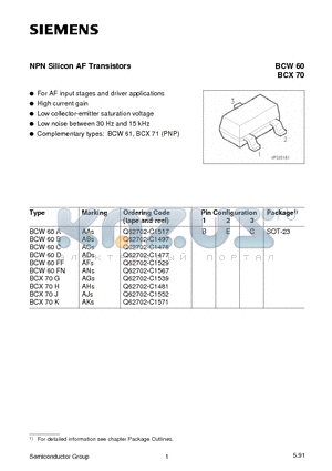 BCW60C datasheet - NPN Silicon AF Transistors (For AF input stages and driver applications High current gain)