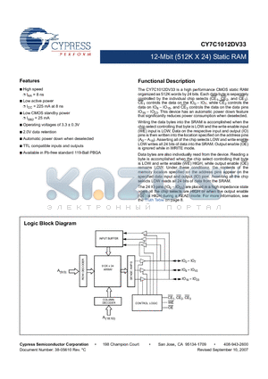 CY7C1012DV33-8BGXC datasheet - 12-Mbit (512K X 24) Static RAM