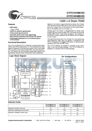 CY7C1018BV33 datasheet - 128K x 8 Static RAM