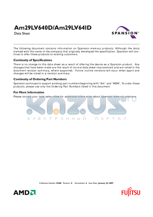 AM29LV640DH121RZI datasheet - 64 Megabit (4 M x 16-Bit) CMOS 3.0 Volt-only Uniform Sector Flash Memory with VersatileIO Control