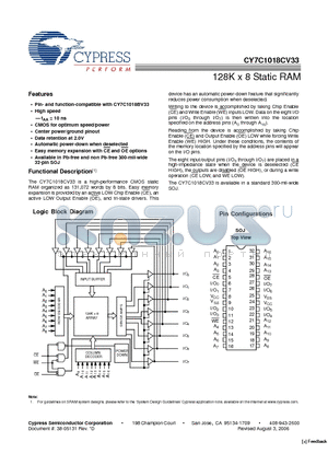 CY7C1018CV33 datasheet - 128K x 8 Static RAM