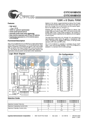 CY7C1018V33-10VC datasheet - 128K x 8 Static RAM