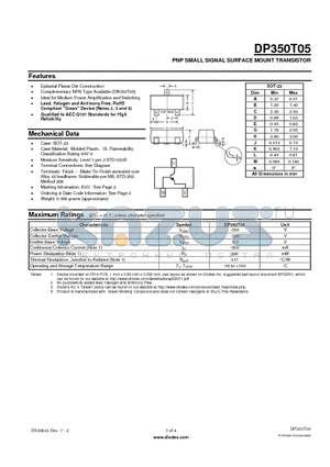 DP350T05-7 datasheet - PNP SMALL SIGNAL SURFACE MOUNT TRANSISTOR