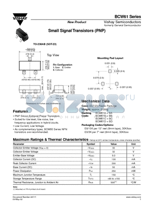 BCW60D datasheet - Small Signal Transistors (PNP)