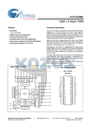 CY7C1019BN-12ZXC datasheet - 128K x 8 Static RAM