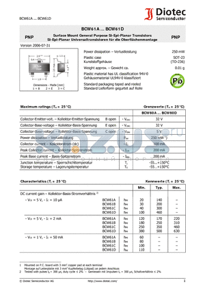 BCW61A datasheet - Surface Mount General Purpose Si-Epi-Planar Transistors