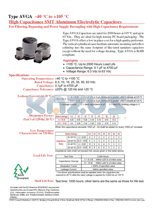 AVGA105M63B12T-F datasheet - High Capacitance SMT Aluminum Electrolytic Capacitors