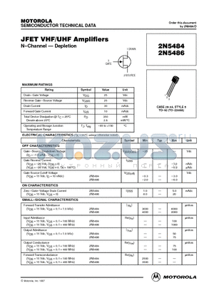 2N5484 datasheet - JFET VHF/UHF Amplifiers