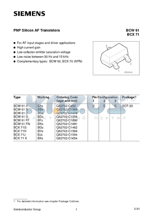 BCW61C datasheet - PNP Silicon AF Transistors (For AF input stages and driver applications High current gain)