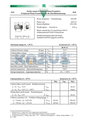 BCW61C datasheet - Surface mount Si-Epitaxial PlanarTransistors