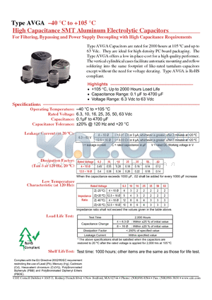 AVGA107M10D16T-F datasheet - High Capacitance SMT Aluminum Electrolytic Capacitors