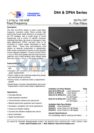 DP64L4Y2-849HZ datasheet - 32-Pin DIP 4 - Pole Filters