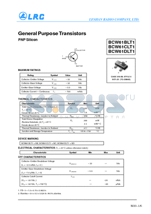 BCW61DLT1 datasheet - General Purpose Transistors(PNP Silicon)