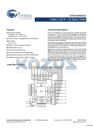 CY7C1019CV33_12 datasheet - 1-Mbit (128 K  8) Static RAM