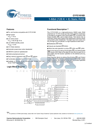 CY7C1019D datasheet - 1-Mbit (128 K  8) Static RAM CMOS for optimum speed/power