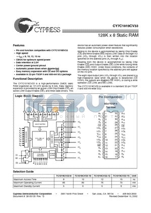 CY7C1019CV33-15VC datasheet - 128K x 8 Static RAM