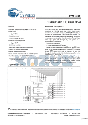 CY7C1019D-10ZSXI datasheet - 1-Mbit (128K x 8) Static RAM