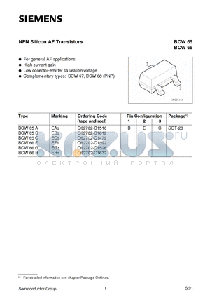 BCW65 datasheet - NPN Silicon AF Transistors (For general AF applications High current gain)