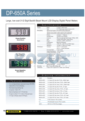DP654A-GP5 datasheet - Large, low-cost 31/2 Digit Backlit Bezel Mount LCD Display Digital Panel Meters