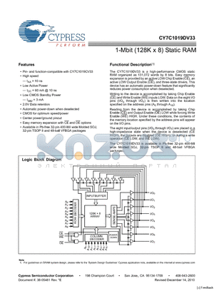 CY7C1019DV33-10ZSXI datasheet - 1-Mbit (128K x 8) Static RAM